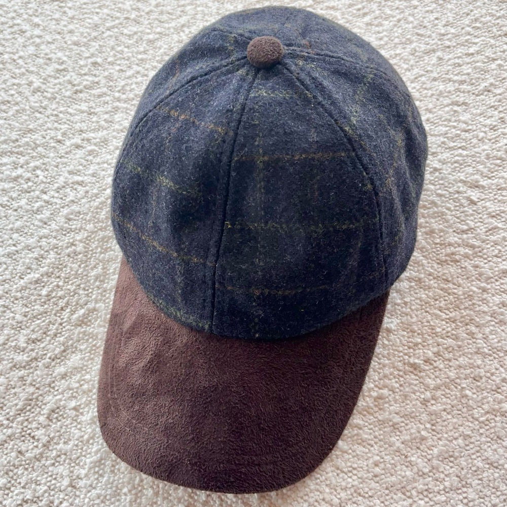 NWOT Navy and Green Plaid Cap with Brown Suede Brim